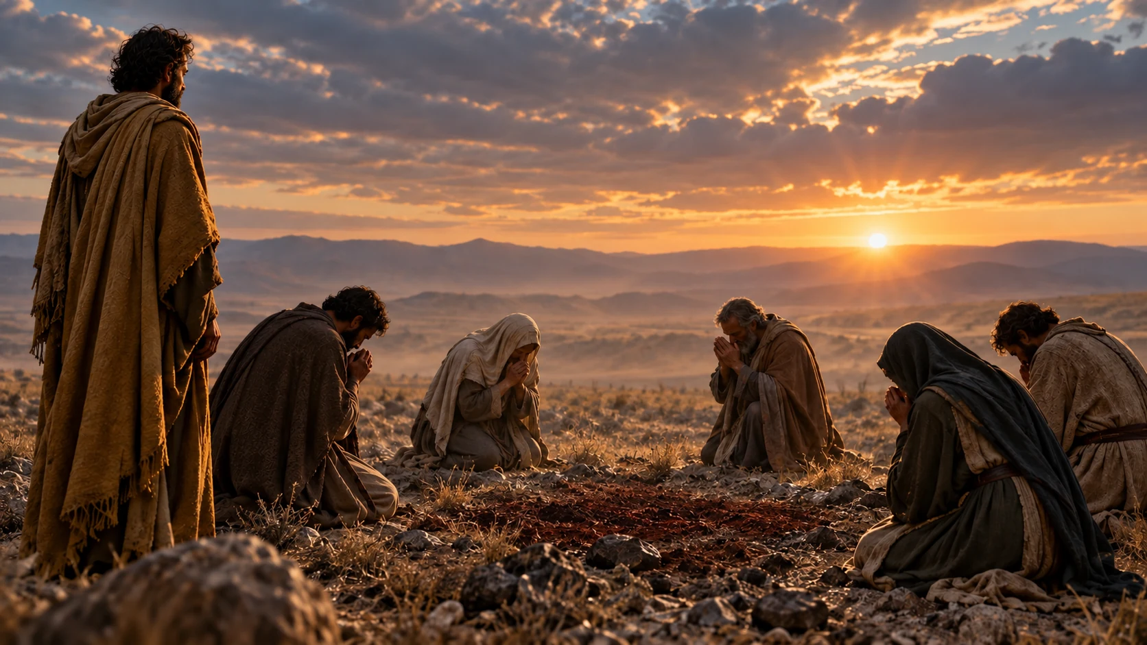 Anonymous adults pray beside a small symbolic dark-red patch of earth while a dark-curled observer stands nearby.
