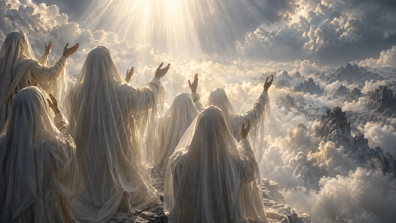 Pale face-veiled figures raise their hands toward formless light above natural clouds and rocky heights.