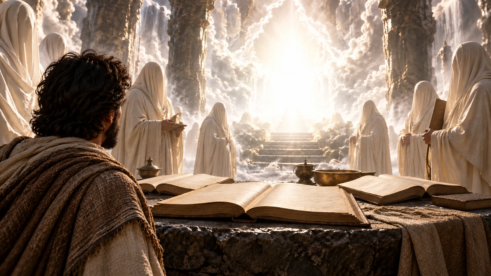 An observer faces a pale-veiled council, open unmarked books and formless radiance obscuring the throne position.