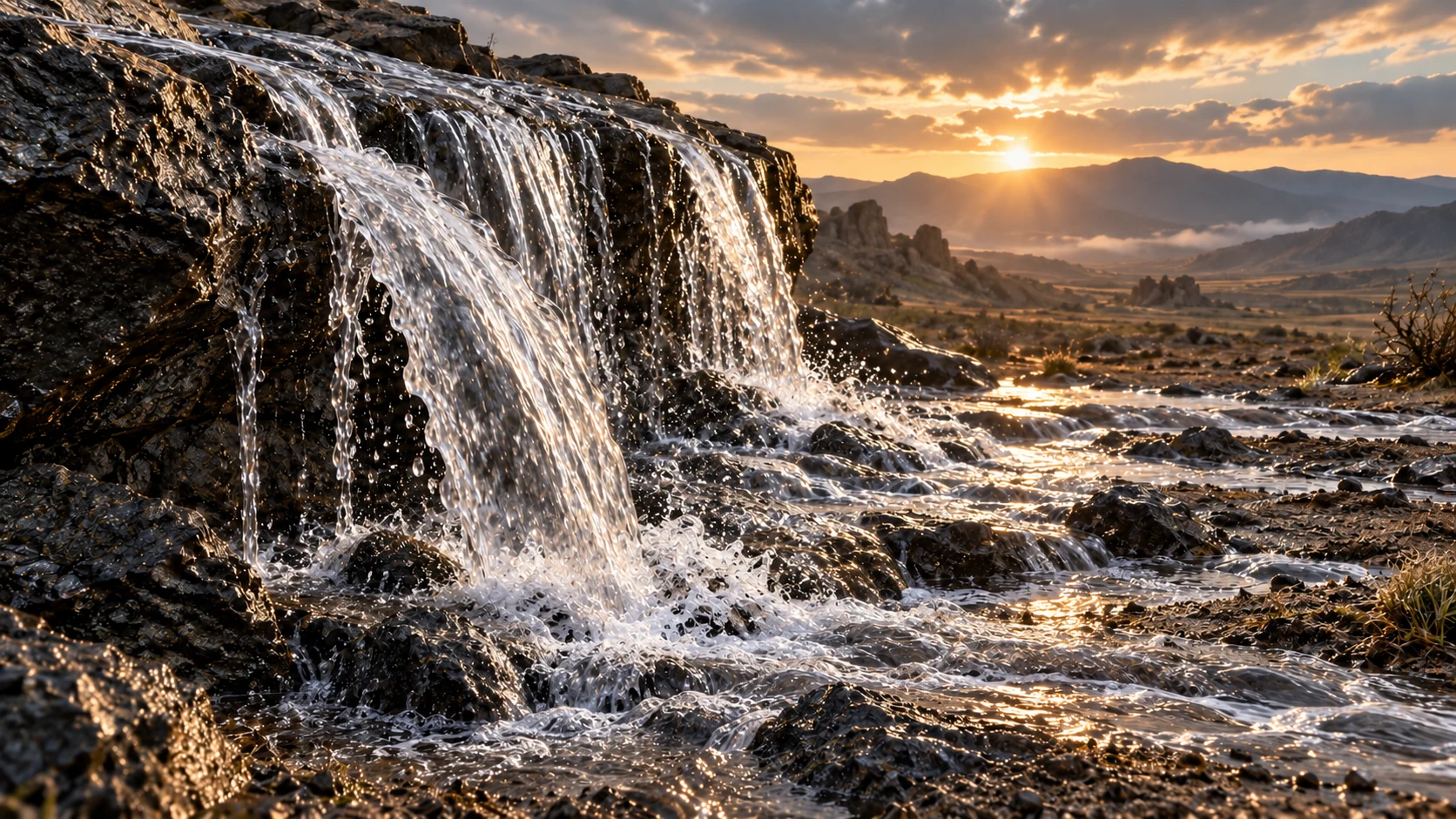 Clear ordinary water cascades over natural rocks in restrained warm light.