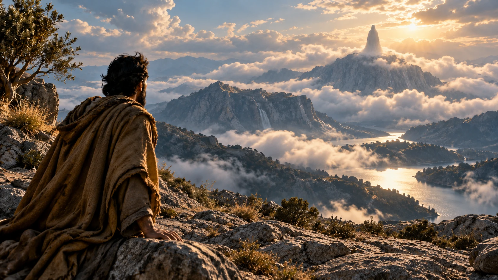 An observer sits on bare rock beneath ordinary clouds and a distant fully featureless veiled symbol.