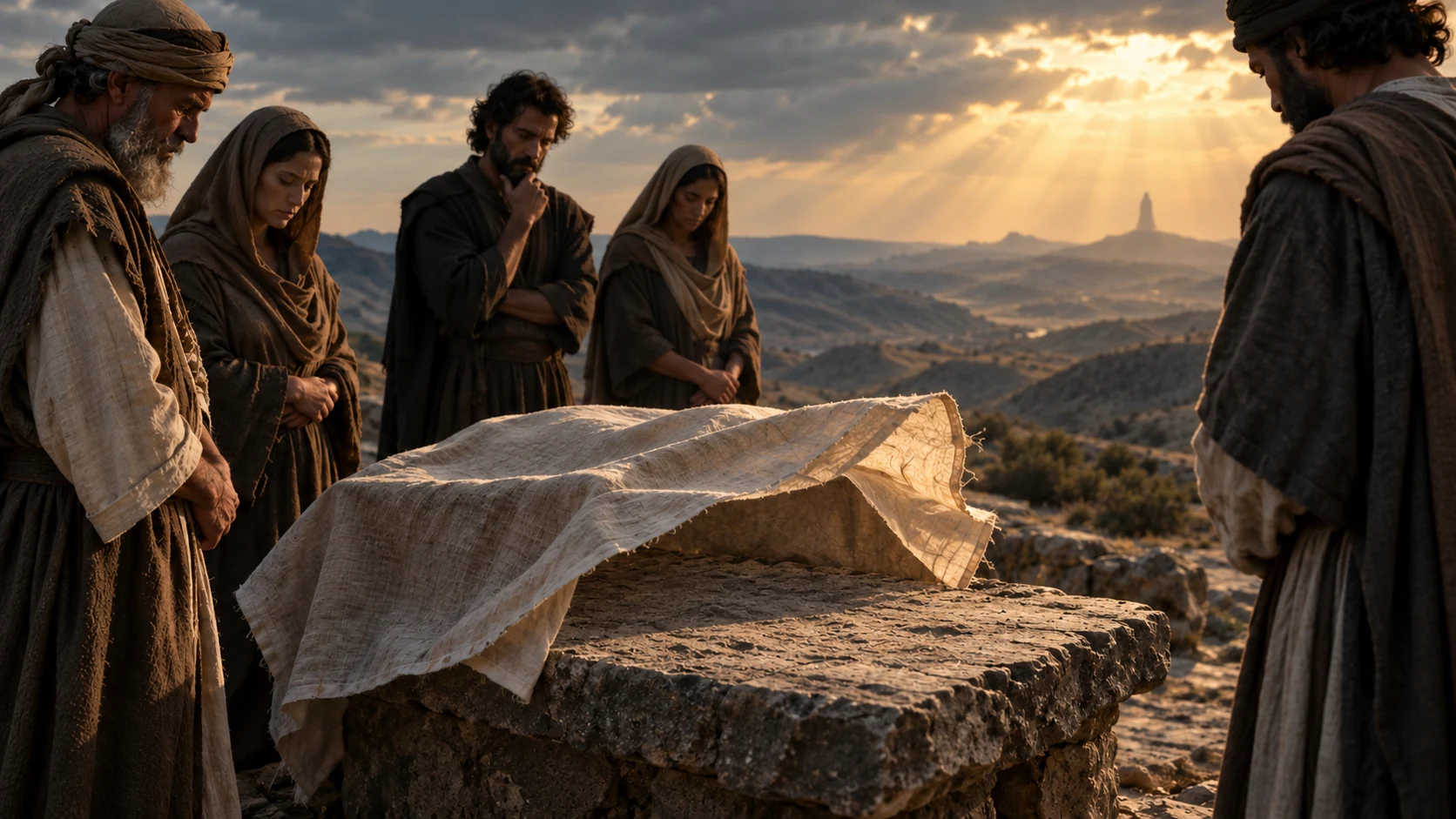 Anonymous reflective adults with closed mouths stand near unmarked linen and otherwise bare stone on a natural hillside.