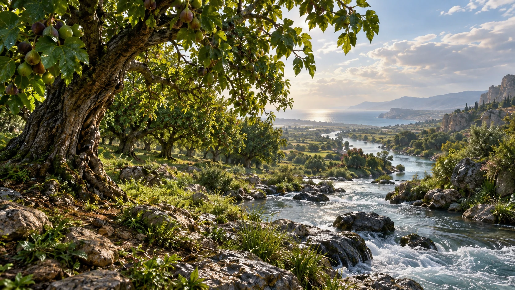 Fruit-bearing grove by river flowing toward sea