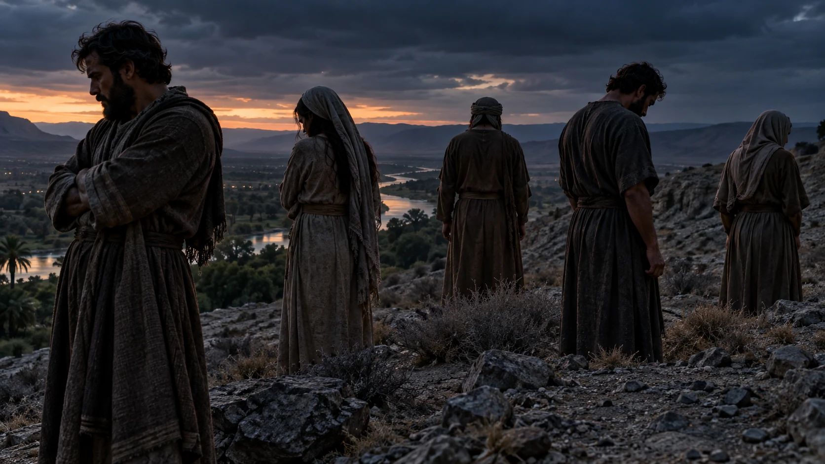 Anonymous adults stand apart on a dry ridge at dusk