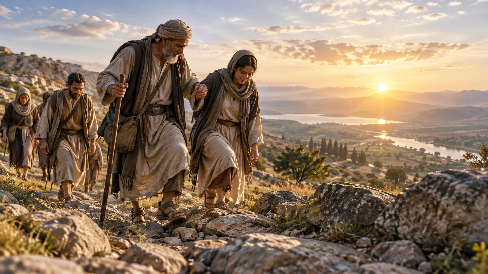Small group helps one another along a sunlit path