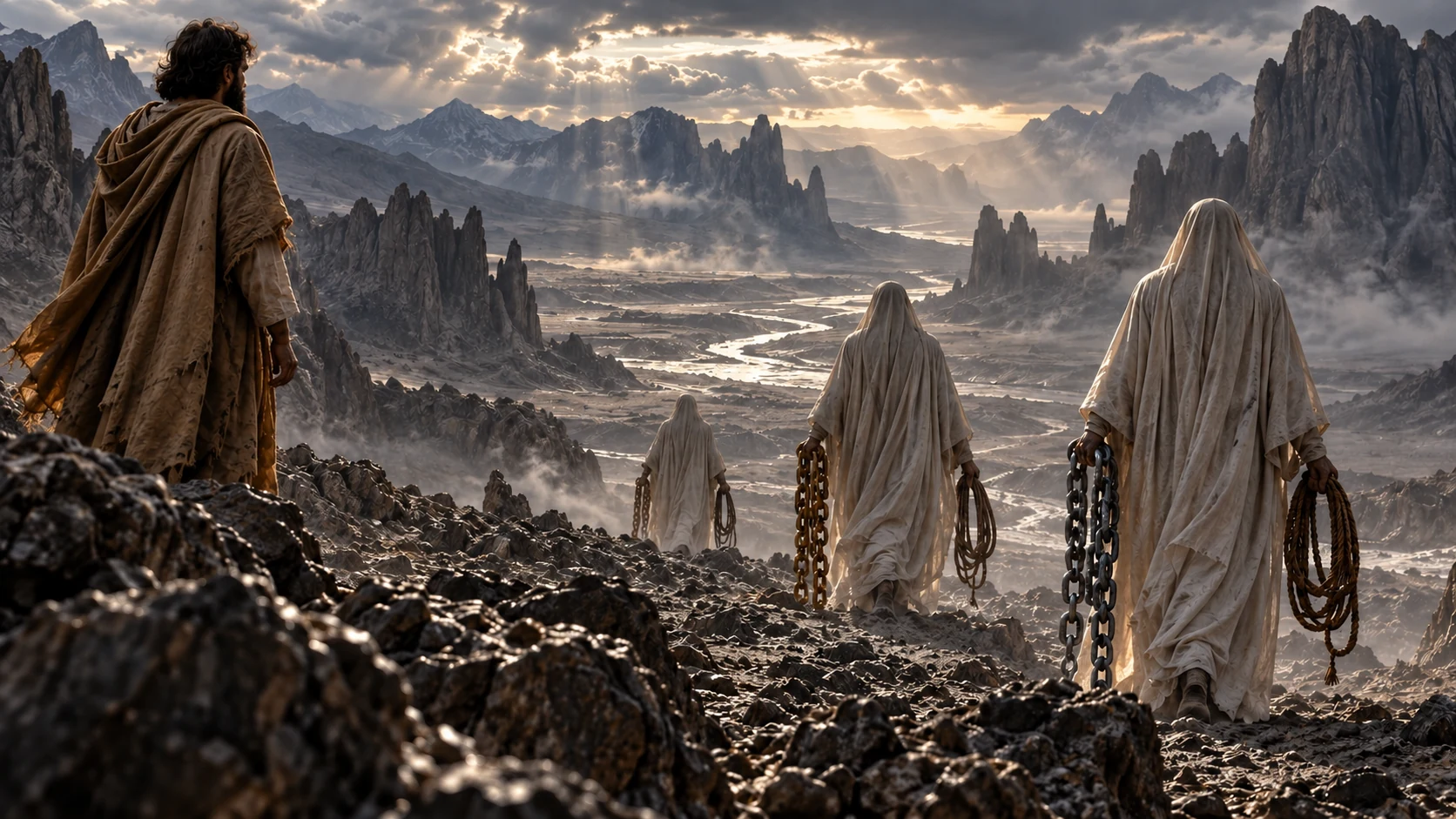 A dark-curled observer watches pale face-veiled figures carry unused cords and dark/golden chains through a rocky valley.