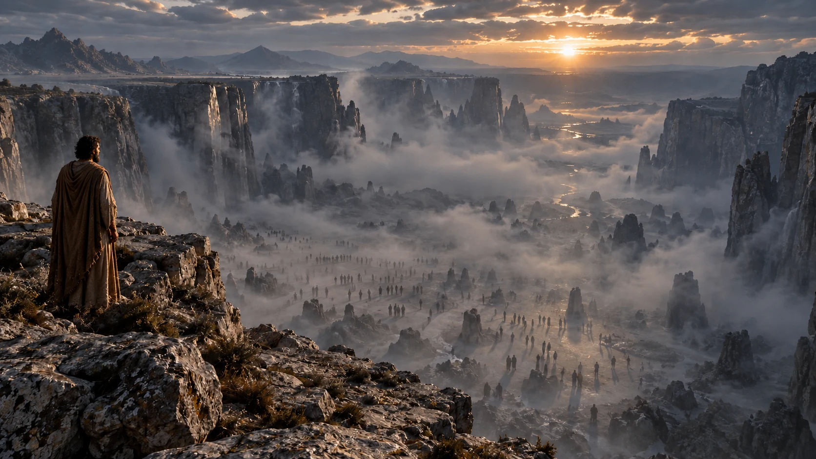 An observer stands above many distant anonymous silhouettes in a misted valley.