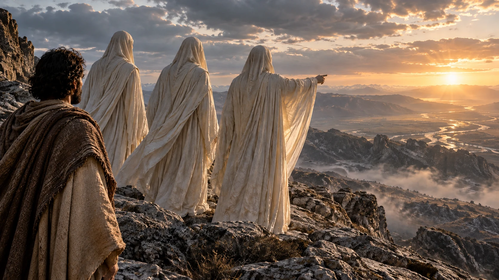 Pale face-veiled figures turn toward dawn while a dark-curled observer watches from a rocky overlook.