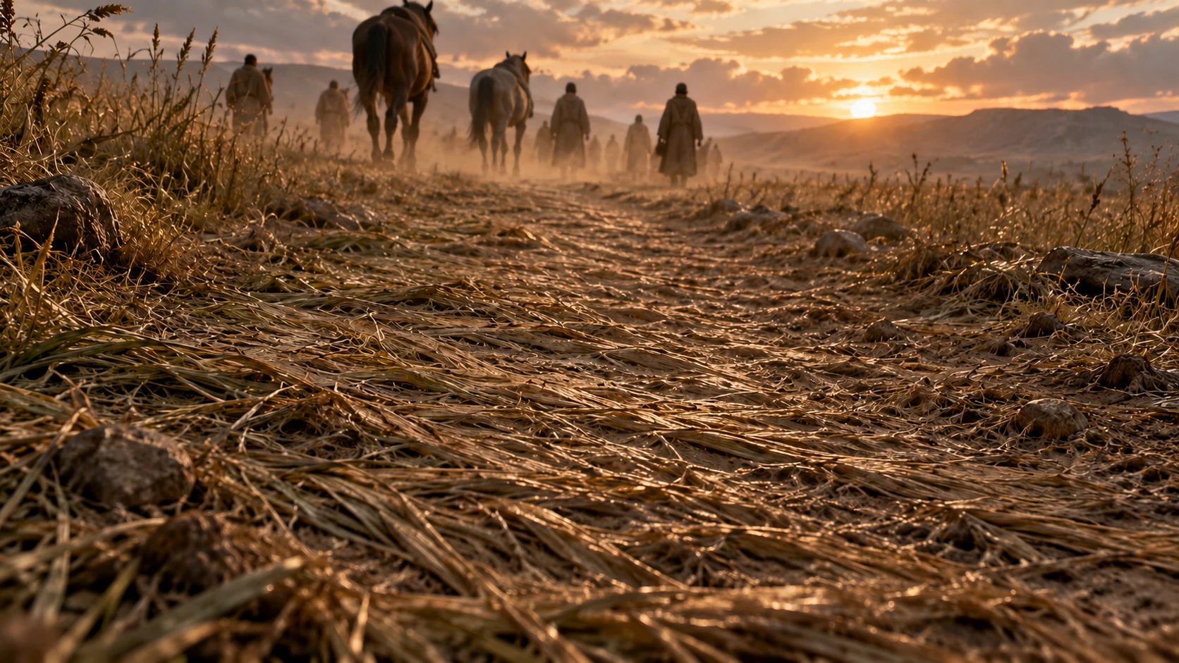A low ground-level view shows flattened grass and a beaten track with distant anonymous adults and horses.