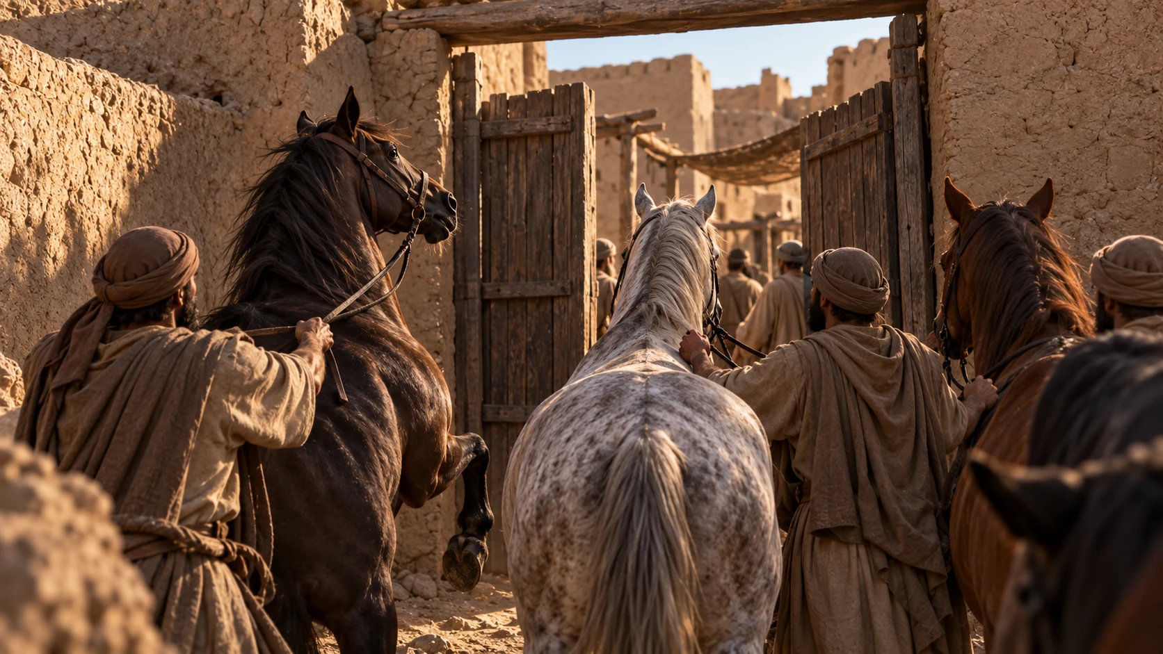 Anonymous adult handlers restrain hesitant and rearing horses at a cramped low mud-brick gateway.