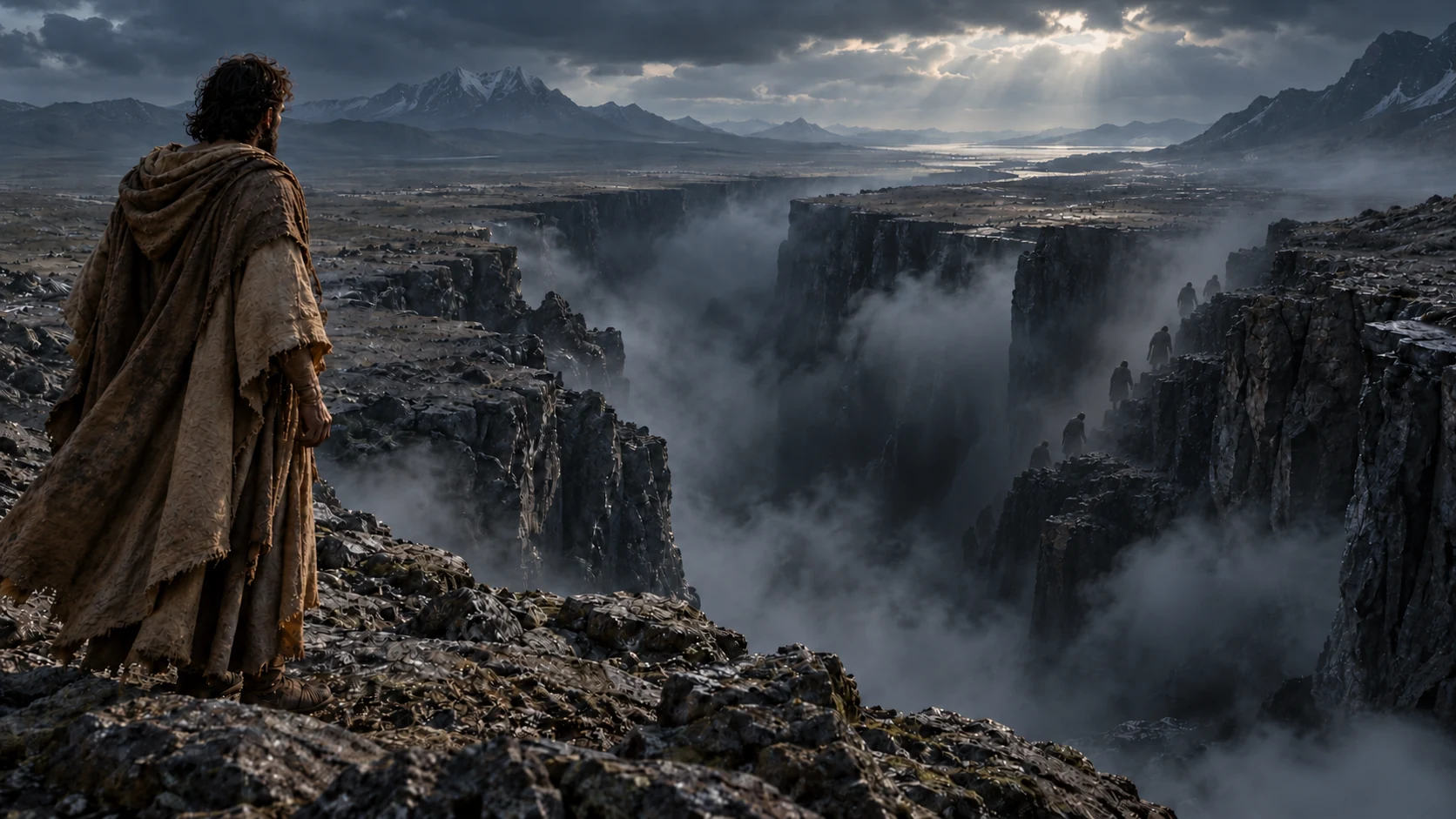 An observer sees distant indistinct adult silhouettes descend along a rocky ledge into dark fissure haze.