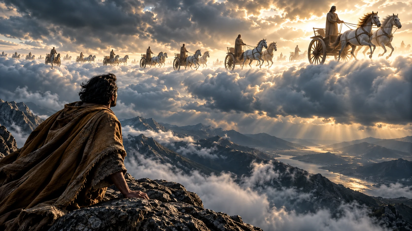 An observer watches clear two-wheeled horse-drawn chariots with anonymous adult riders across clouds.