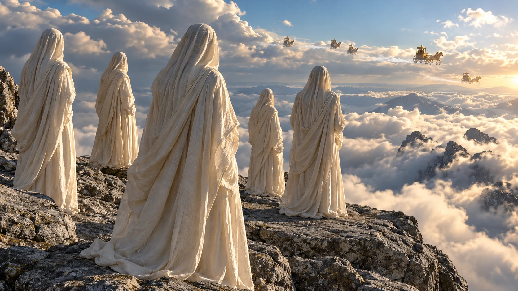 Pale face-veiled figures on a bare natural ledge take notice of distant cloud-borne chariots.