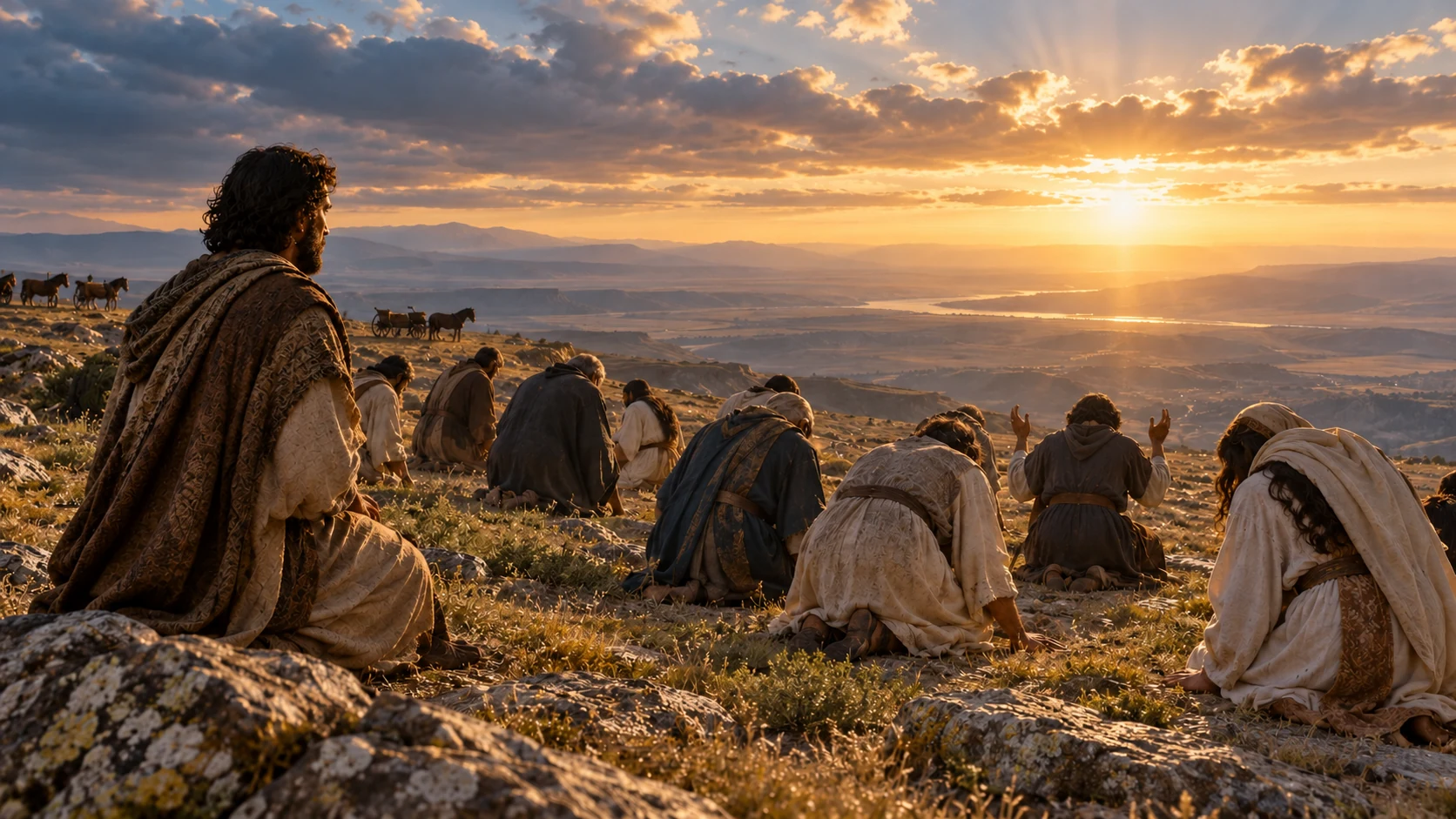 Anonymous people kneel toward unpictured open light while an observer watches and unused chariots remain distant.