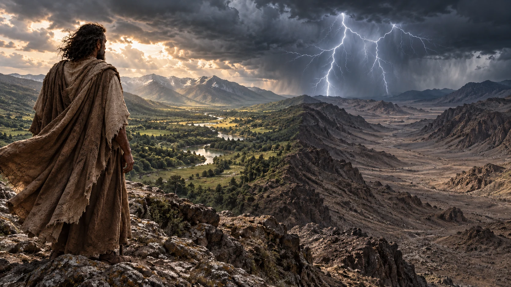 A dark-curled observer watches lightning above contrasting fertile and bare terrain.