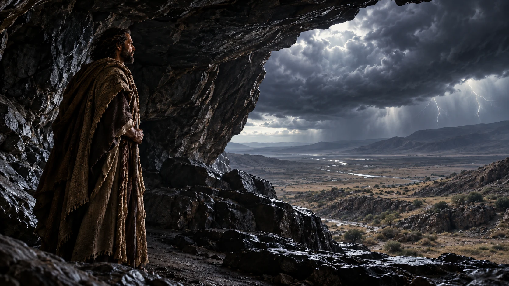 An observer looks from a natural cave toward distant lightning over bare slopes.