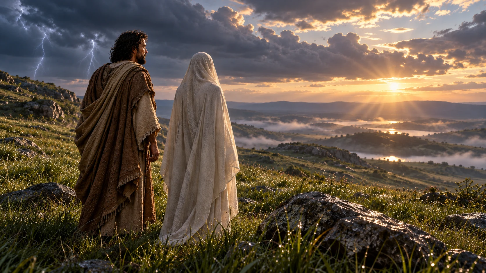 An observer and a face-veiled companion overlook fertile hills under post-storm light.