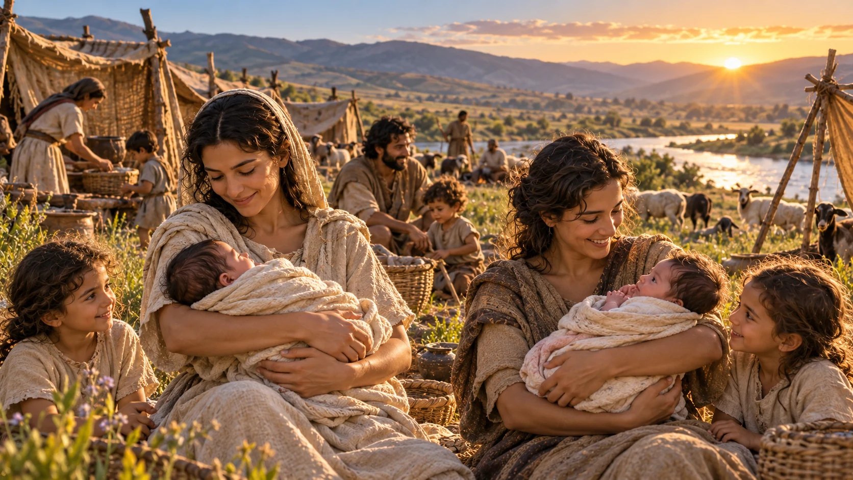 Mothers hold newborn girls in a simple riverside family camp.