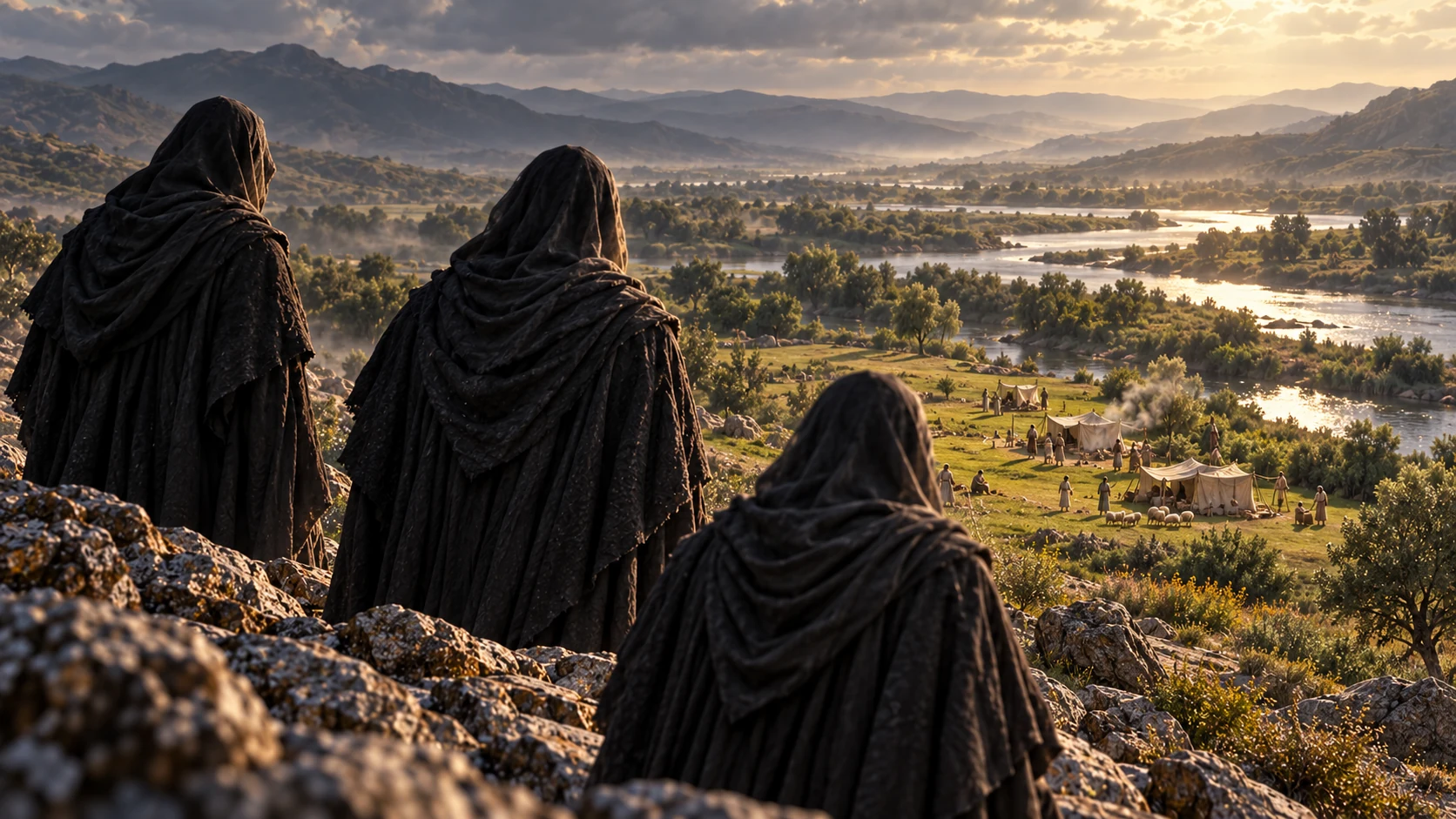 Three dark-veiled figures overlook a distant riverside family camp.