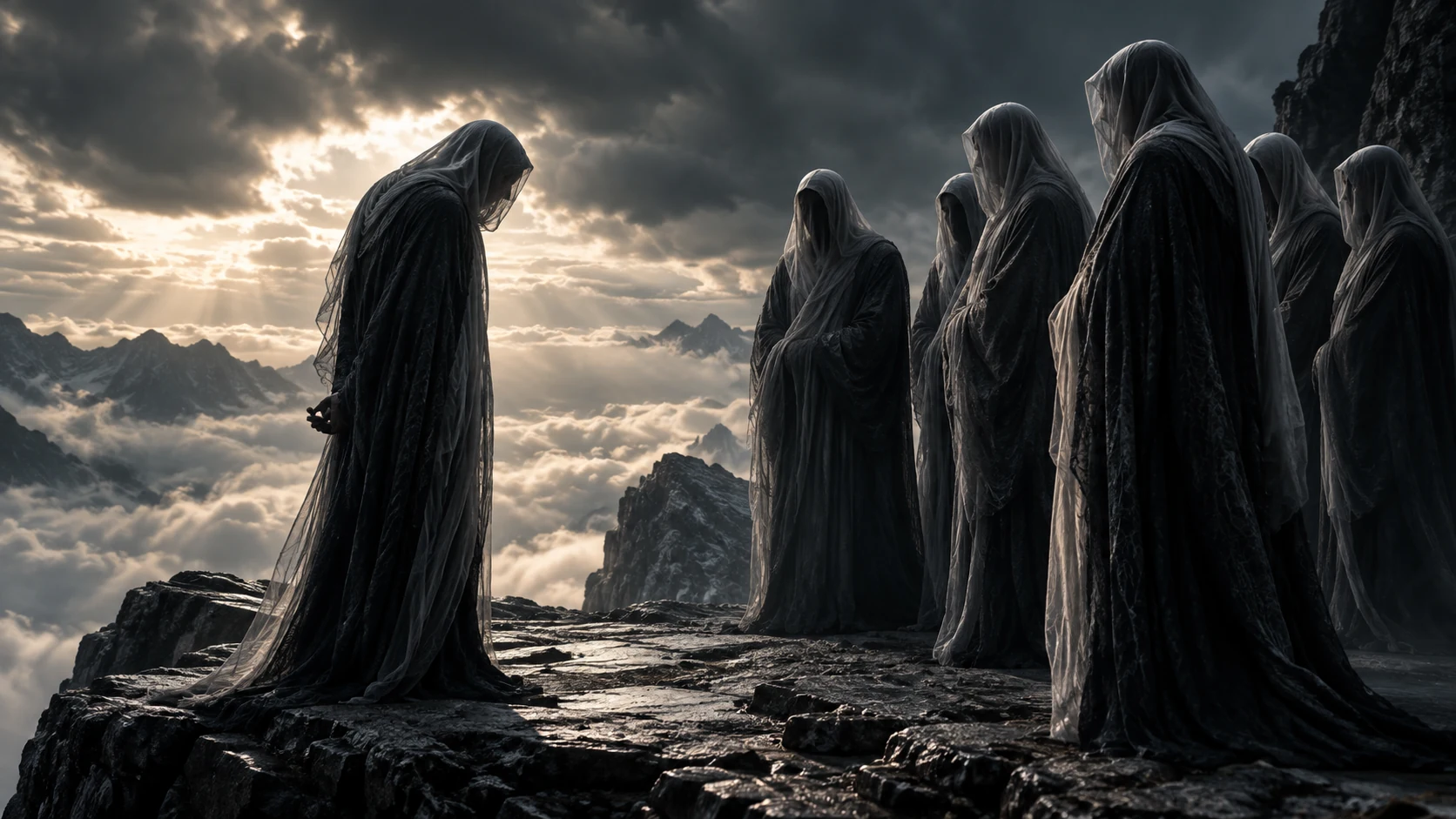 One veiled figure stands apart before the others