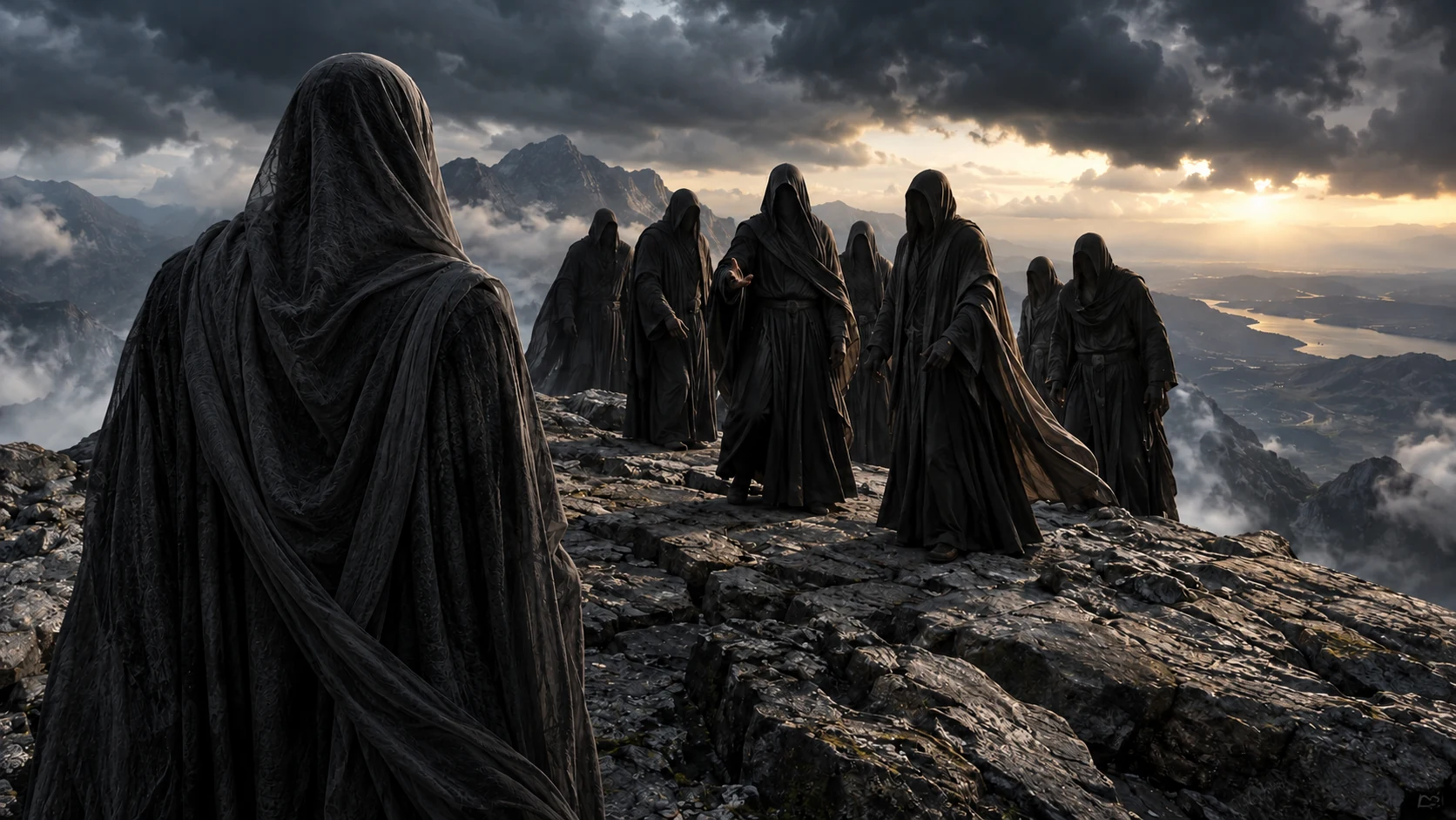 Dark-veiled group addresses a dark-veiled leader on a stony ridge.
