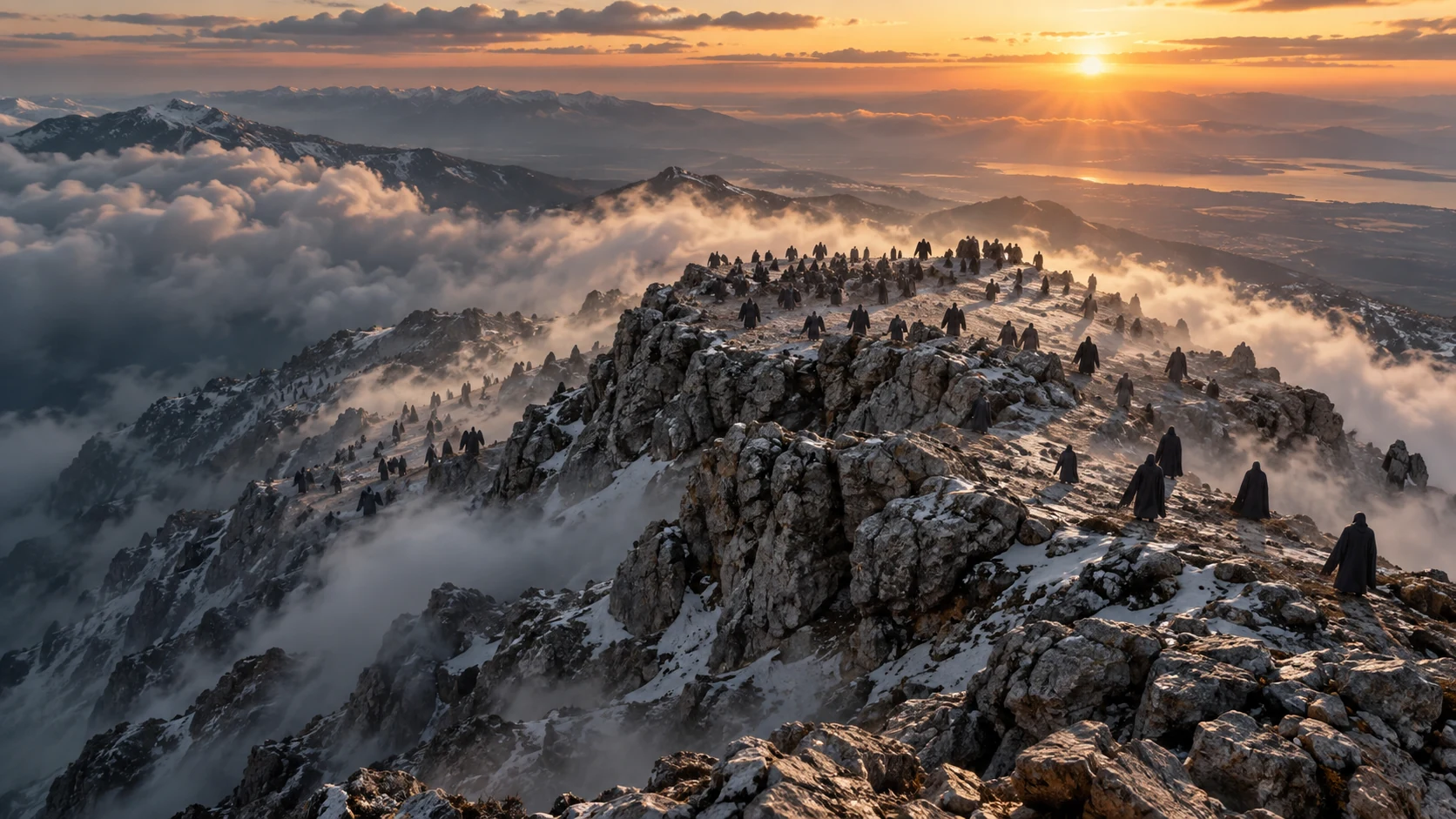 Wide aerial view of veiled multitude on mountain summit