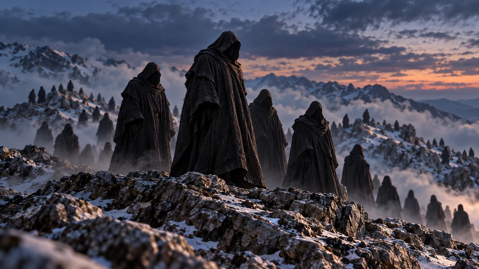 Dark-veiled Watcher leaders stand in mist along a high ridge.