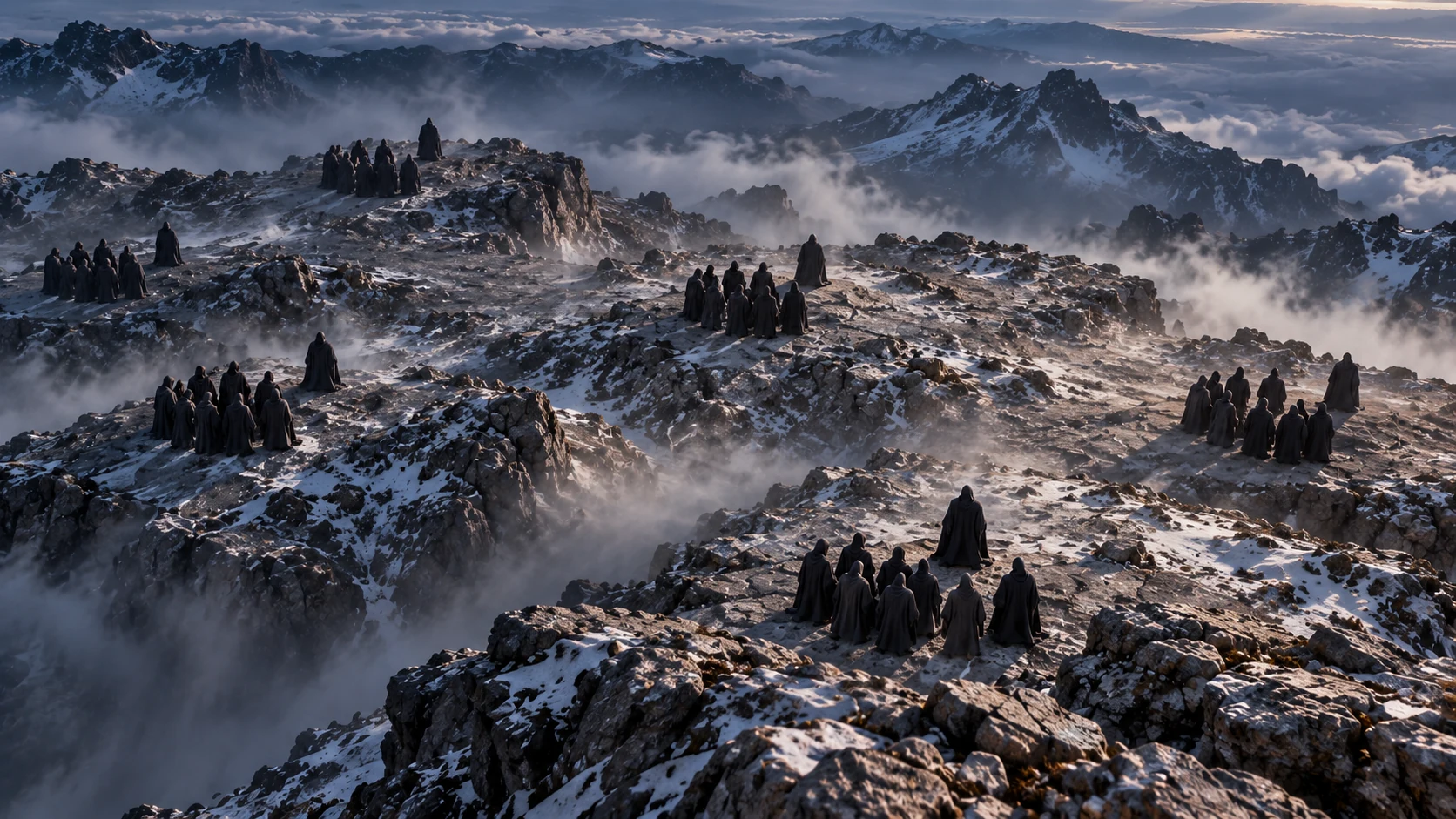 Several small clusters of dark-veiled figures stand apart on a rocky plateau.