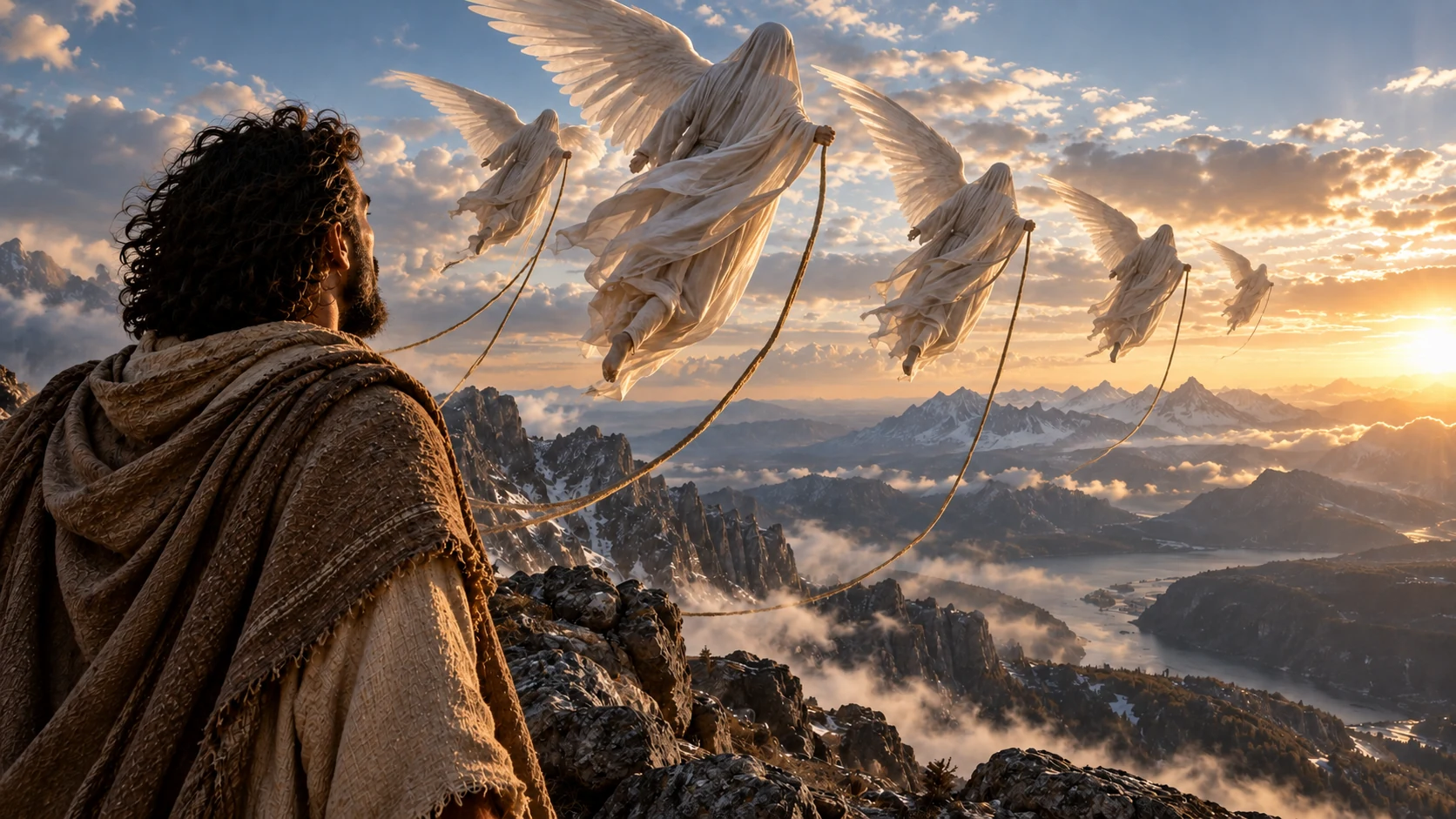 An observer watches pale winged figures carrying long cords across cloud-filled sky.