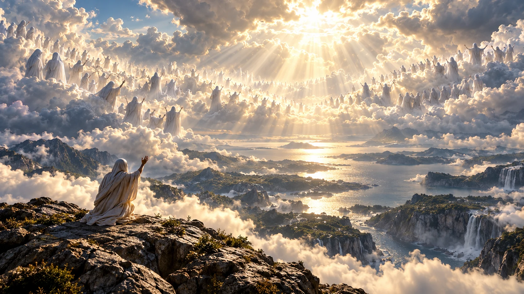 Distant face-concealed pale figures gather across a broad cloud, land and water panorama.
