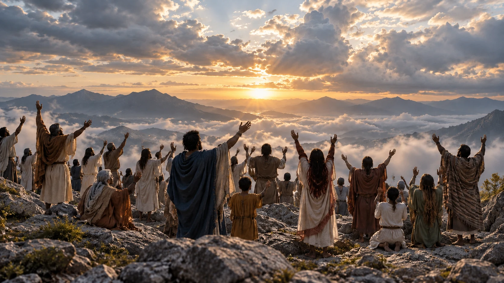 Anonymous adults praise beneath natural clouds on a rocky highland.