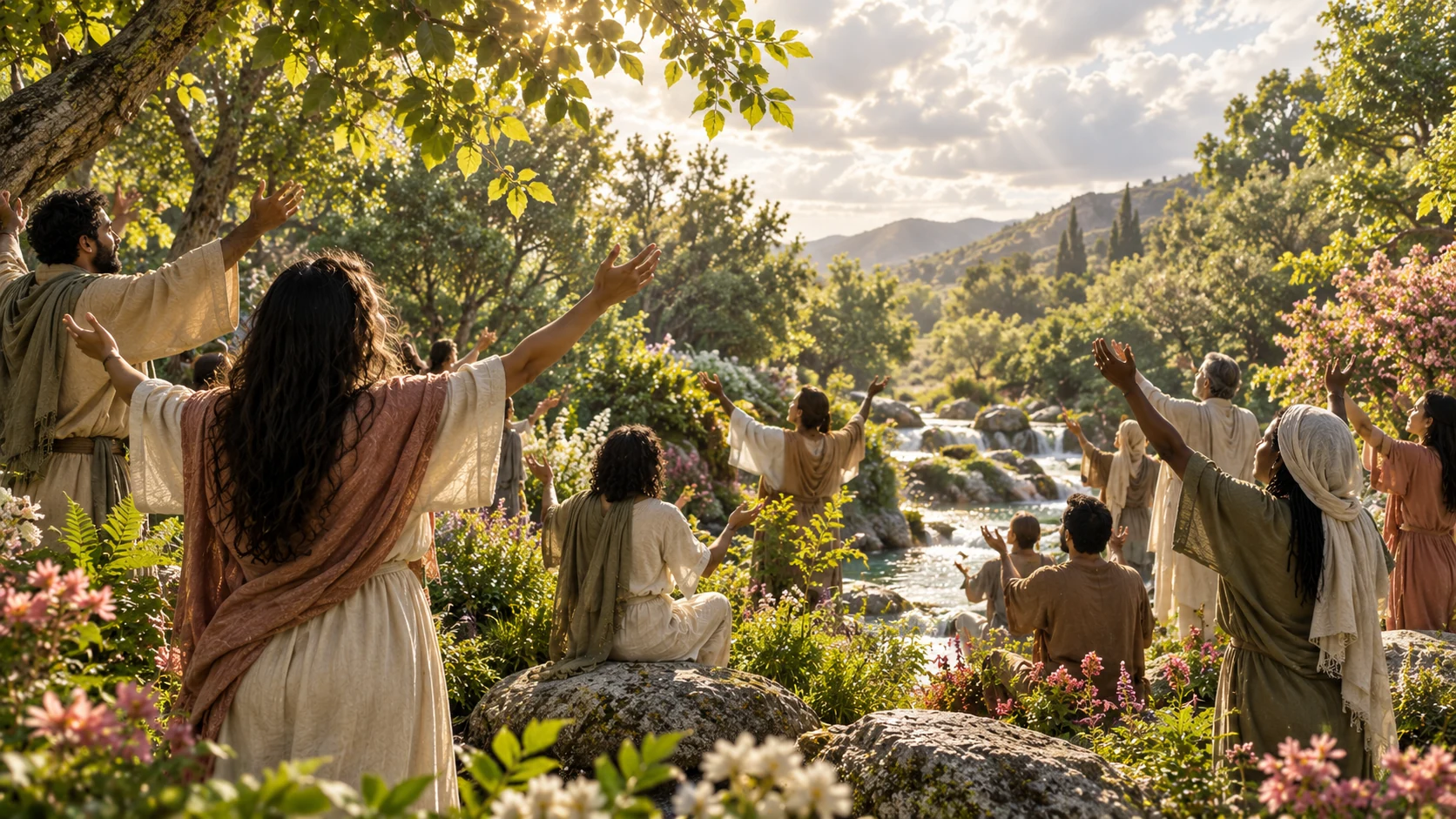 Modestly clothed adults raise open hands beside green trees and a natural stream.