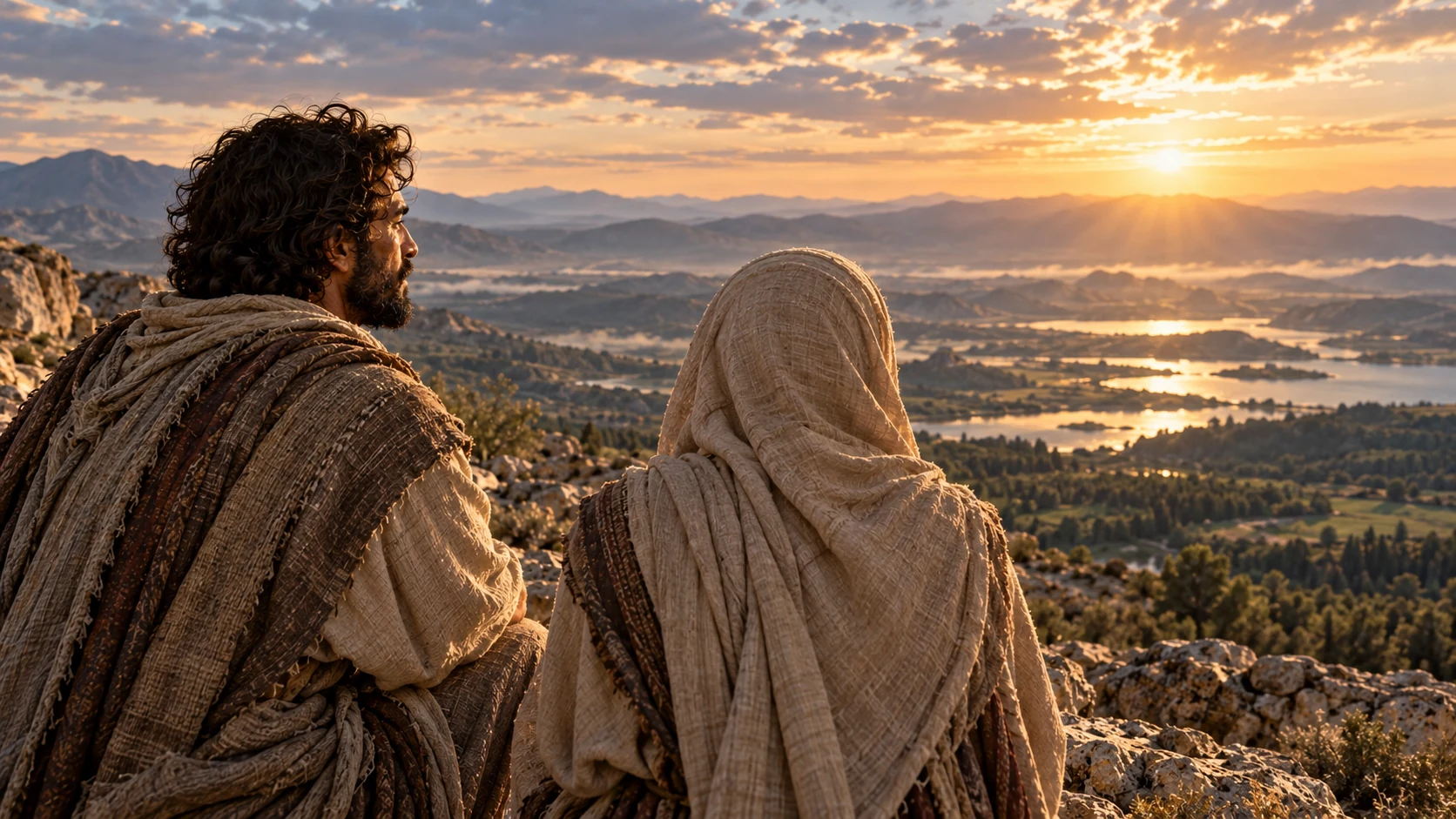 An observer and veiled companion quietly overlook land, forest and water in warm light.