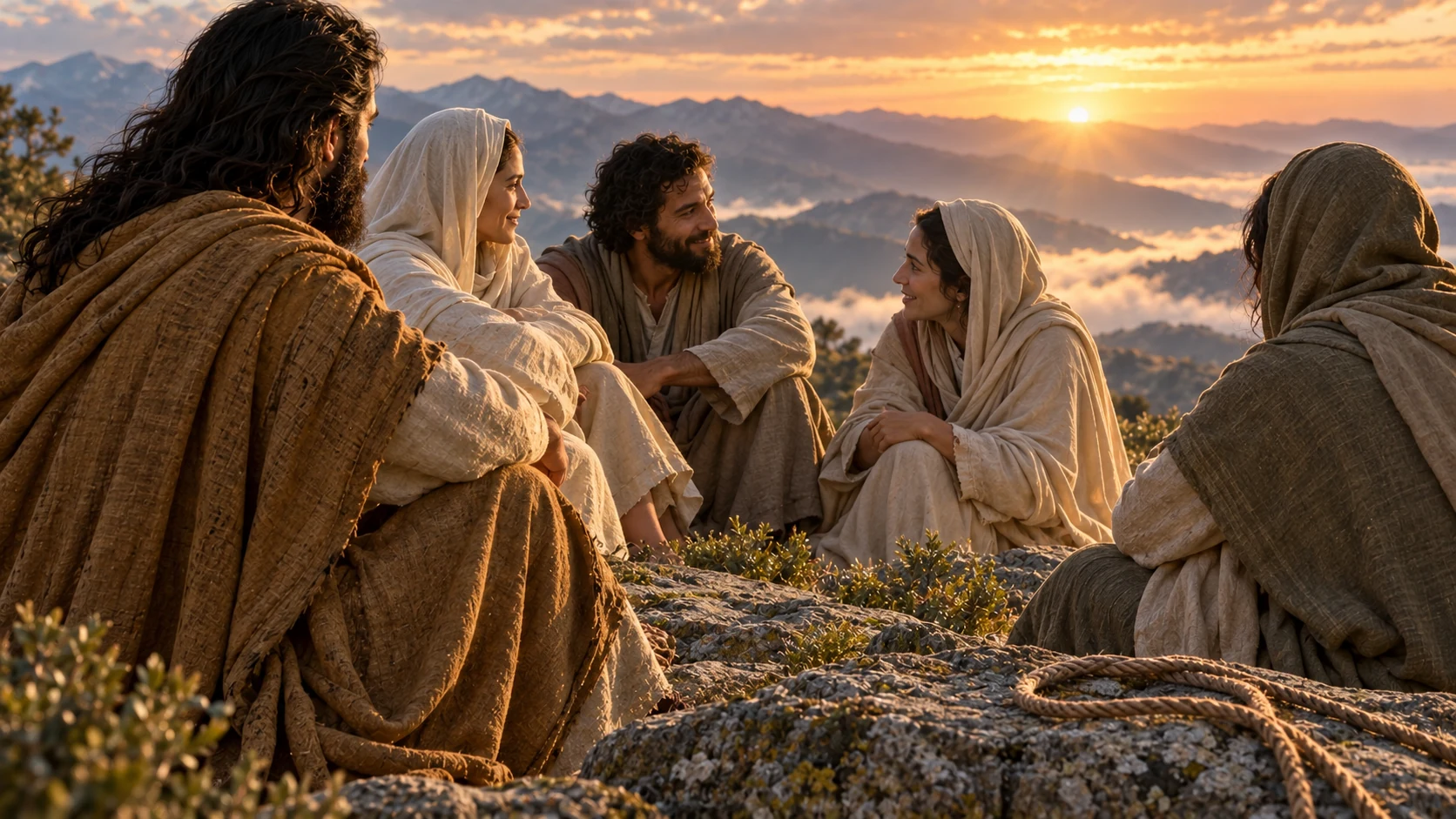 Modestly clothed adults stand together on a natural ledge beside an unmarked cord.