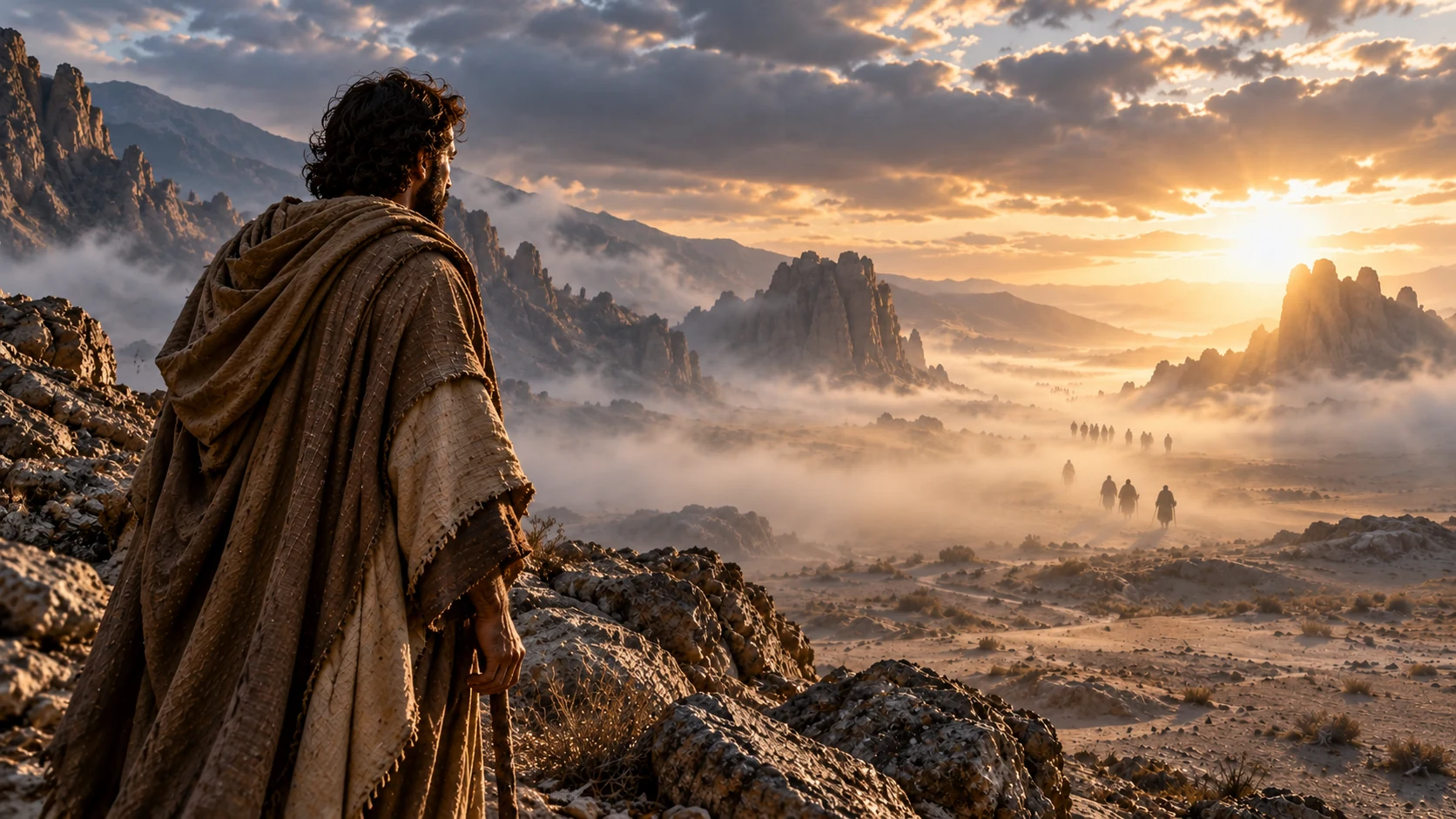 An observer watches distant adult silhouettes approaching through wilderness mist.