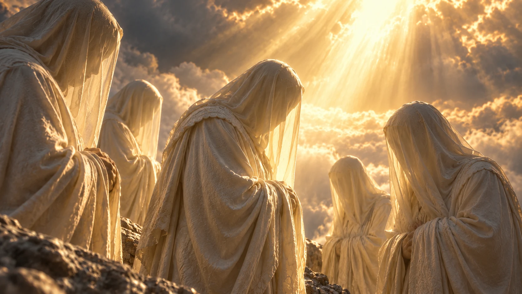 Face-concealed pale figures attend to diffuse warm light in a close linen-filled view.