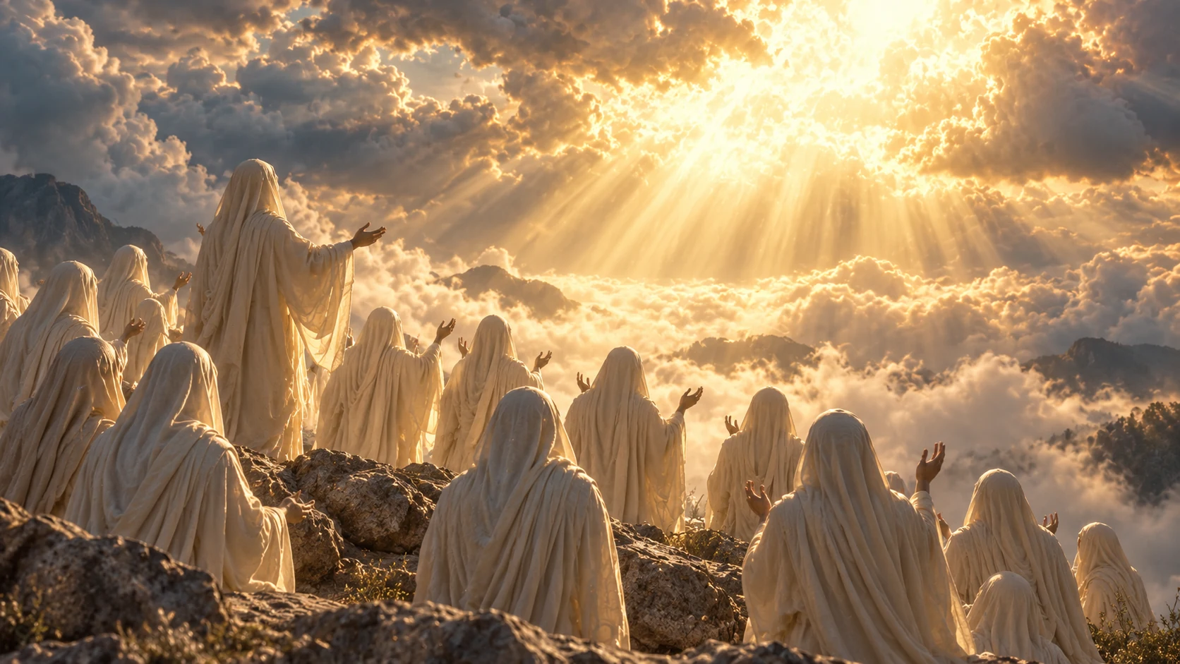 Pale veiled figures raise restrained open hands toward formless light across an open ledge.