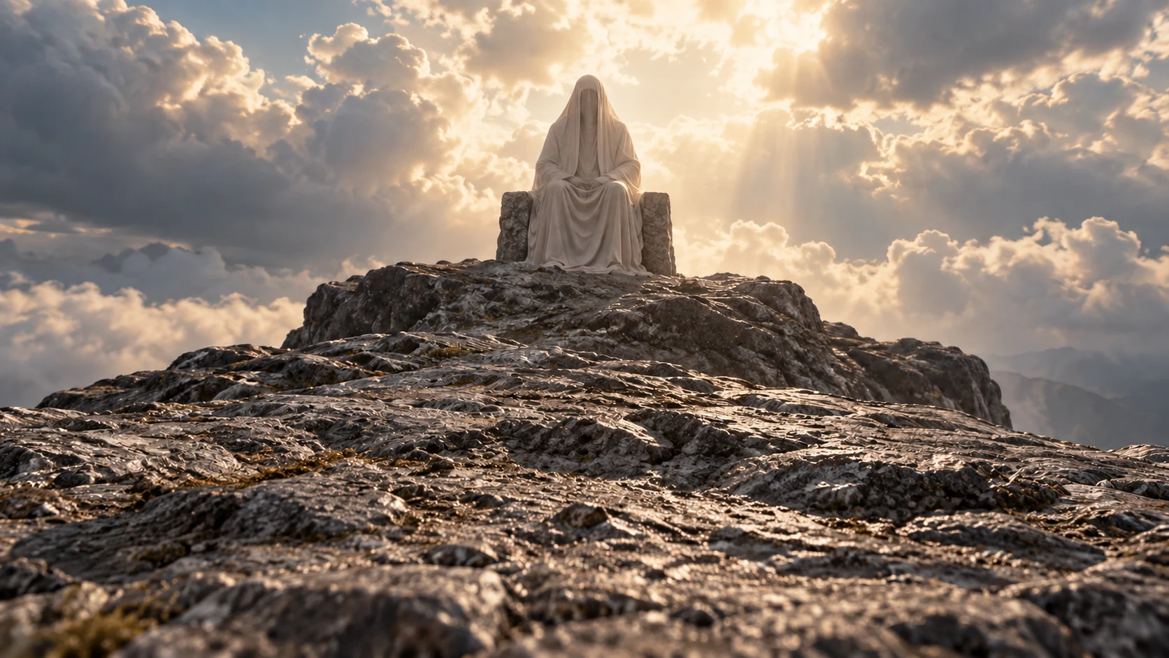 A distant featureless veiled figure sits upon rough stone beneath bright cloud light.