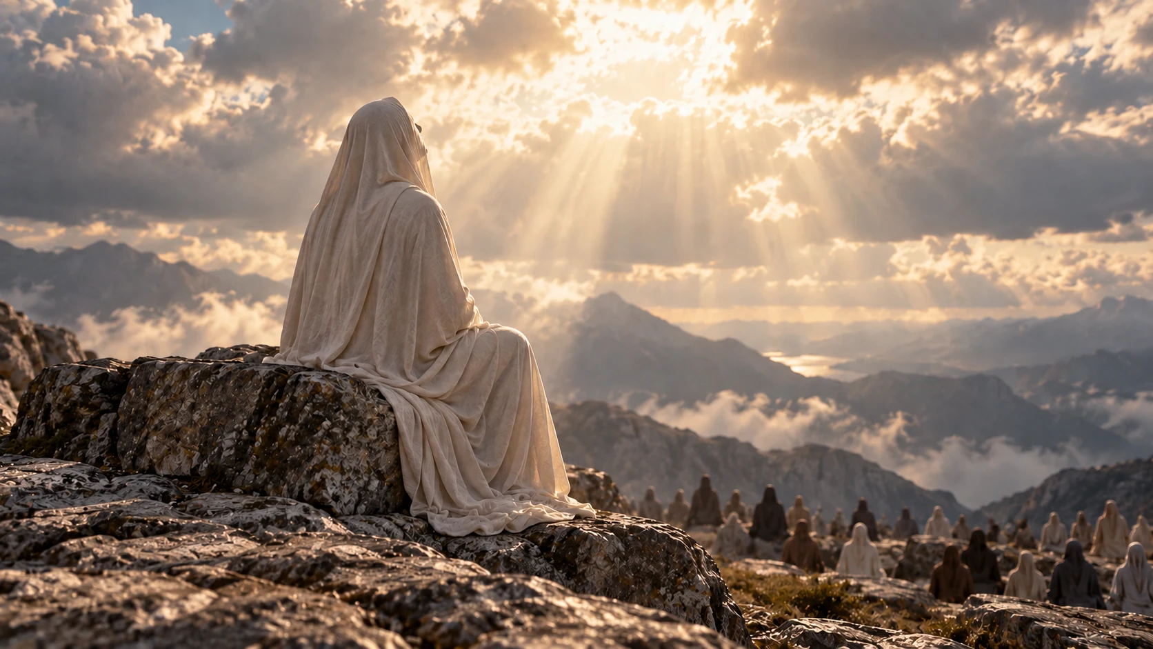 A featureless veiled figure lifts its head toward cloud light while distant listeners gather below.