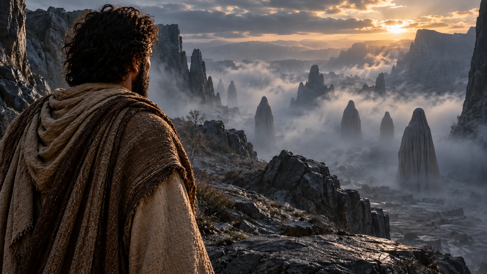 A dark-curled observer watches distant face-hidden pale figures among misty natural rocks.