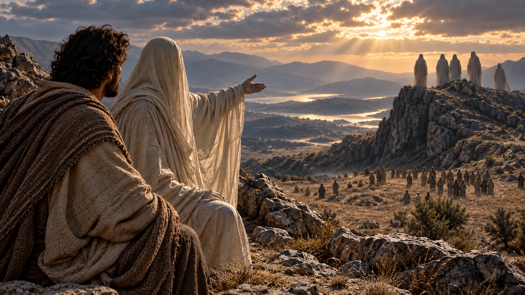 A face-veiled guide gestures toward concealed figures on a ridge and distant people while the observer listens.