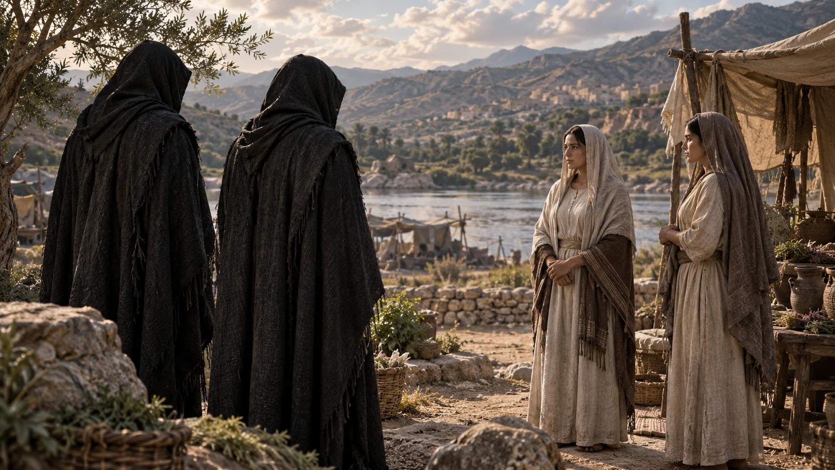 Two anonymous dark-veiled figures face two fully clothed adult women beside a riverside camp.