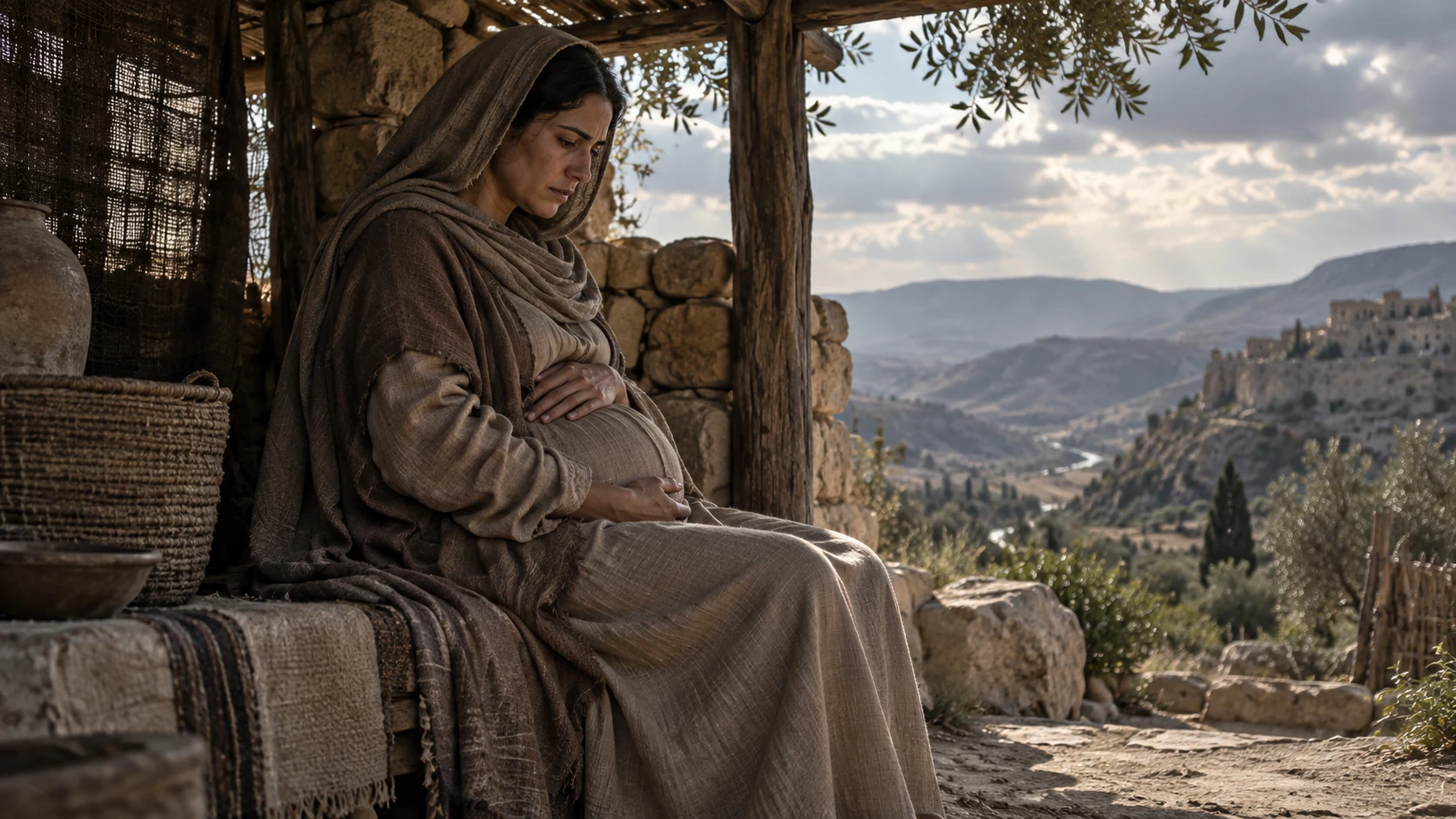 A fully clothed pregnant adult woman sits quietly in the shade of a rough shelter.