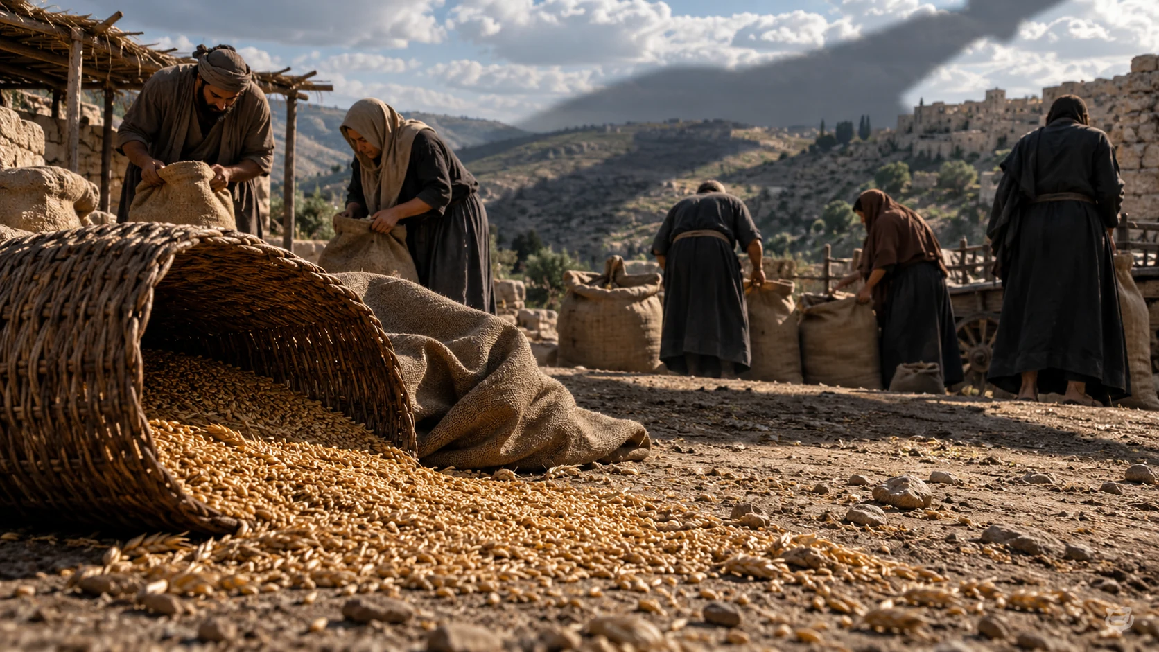 Adult villagers handle grain sacks beside an overturned basket spilling grain onto the earth.