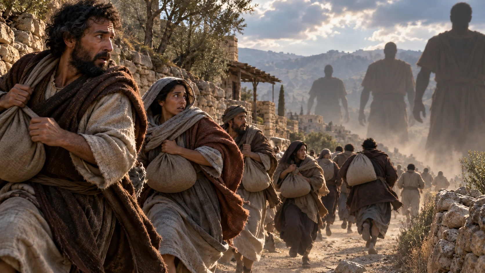 Clothed adult villagers carrying cloth sacks flee distant, indistinct tunic-clad giant silhouettes.