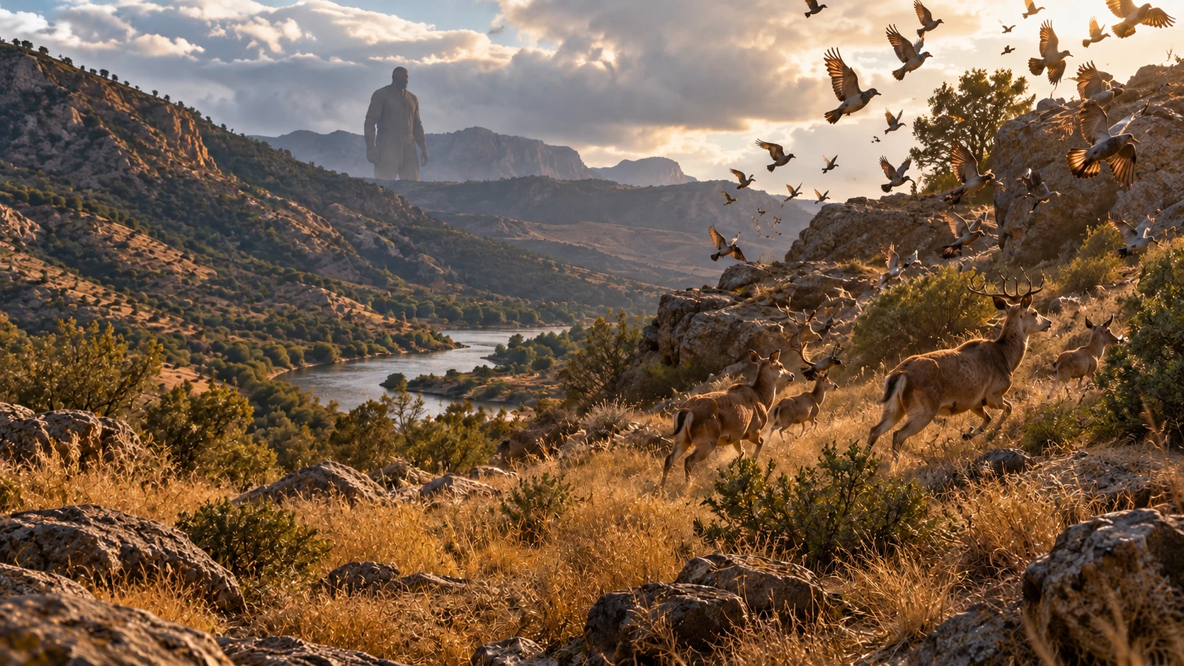 Living birds scatter and deer run over a rocky hillside beneath a distant giant-like silhouette.