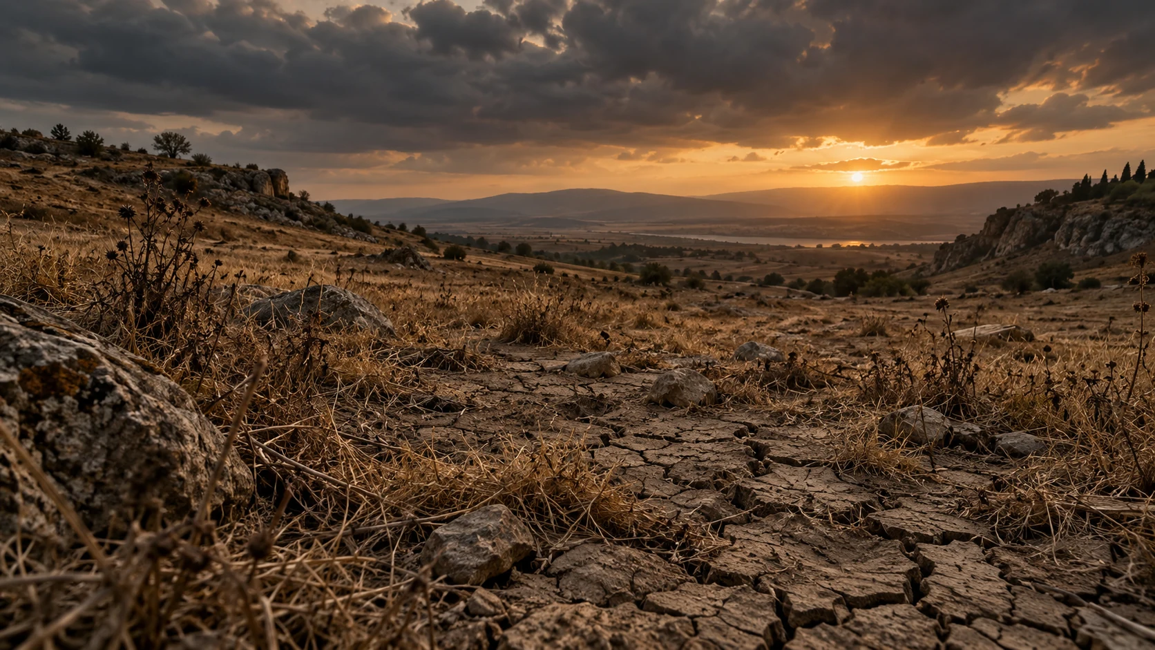 Dry cracked ground and trampled grasses lie beneath natural dusk clouds and low sunset light.