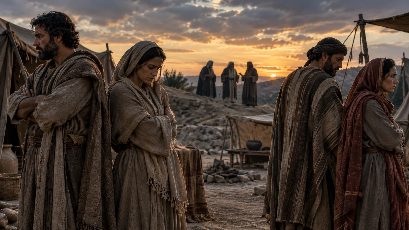 Fully clothed adult groups turn away from each other in a rough ancient camp.
