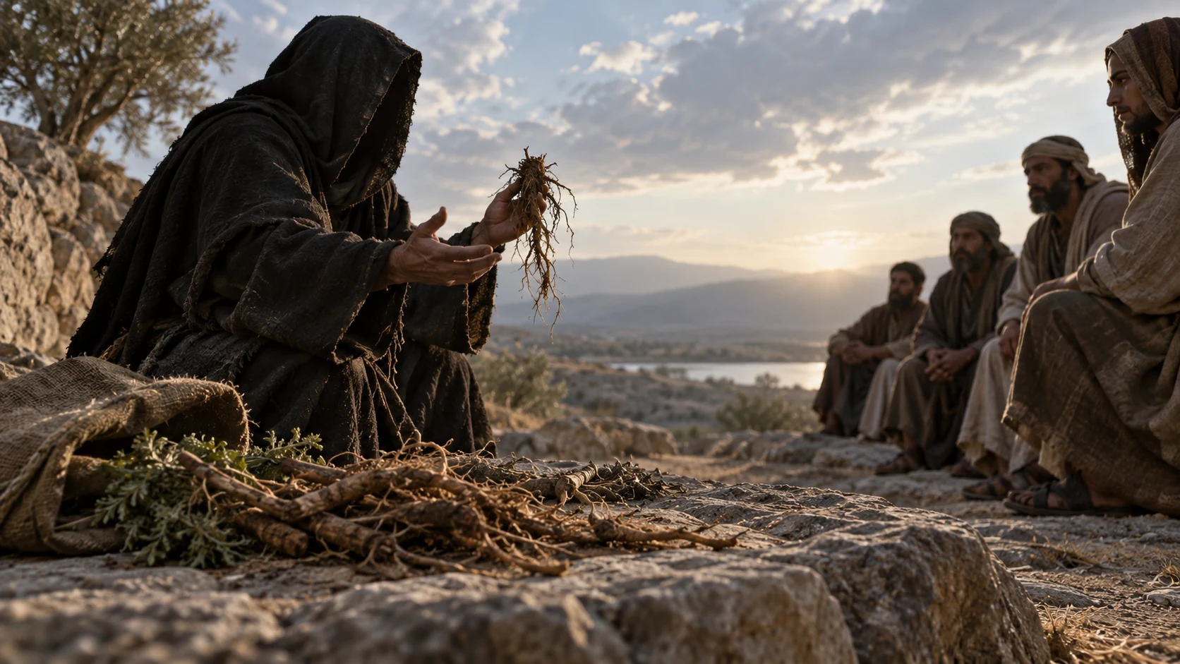 A single faceless veiled teacher holds ordinary roots before clothed adult listeners.