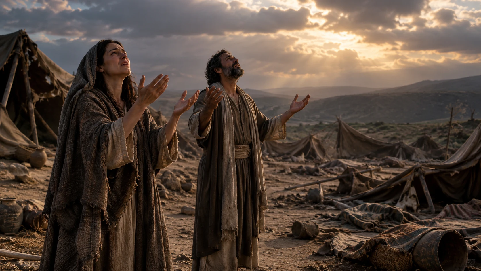 Two clothed adults raise their hands and faces toward the sky amid non-graphic camp aftermath.